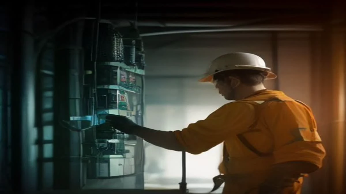 Technician plugging a network cable into a mining machine in a clean facility
